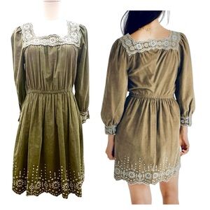 Madewell Women’s Corduroy
Embroidery Olive Green Mini Dress 
Size XS